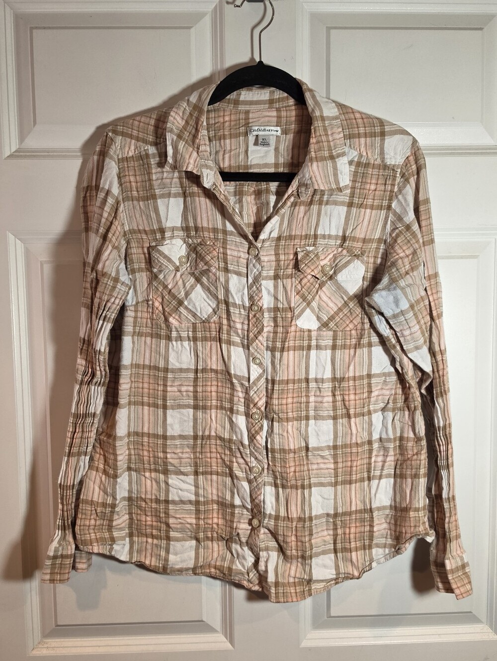 Croft & Barrow Light Plaid Button-Up Shirt in Pink and Tan XL Minor Wash Wear